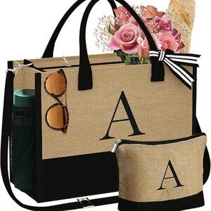 Initial Jute Tote Bag & Makeup Bag, Birthday Gifts for Women Her Mom Teacher